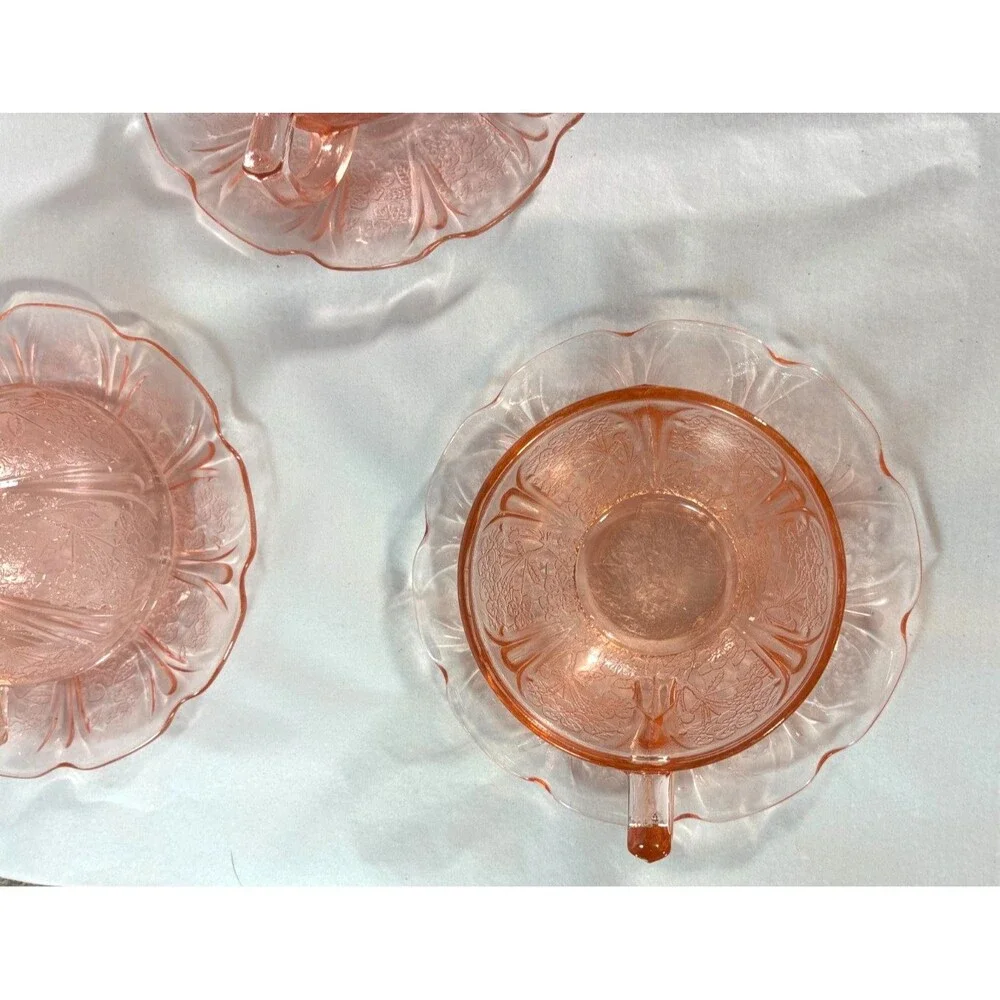 Jeannette Pink Cherry Blossom Depression Glass Cups Saucers 10 Pc Set VTG